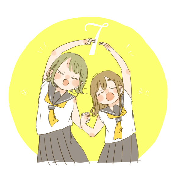 2girls :3 :d :o animification blush border closed_eyes commentary countdown facing_viewer flipped_hair grey_sailor_collar grey_skirt holding_hands interlocked_fingers kase_(ks_lys) kunikida_hanamaru long_hair love_live! love_live!_sunshine!! multiple_girls neckerchief o_arms open_mouth outside_border pleated_skirt real_life round_image sailor_collar school_uniform serafuku shirt short_hair simple_background skirt sleeveless sleeveless_shirt smile summer_uniform takatsuki_kanako tie_clip uranohoshi_school_uniform voice_actor voice_actor_connection white_border white_shirt yellow_background yellow_neckerchief