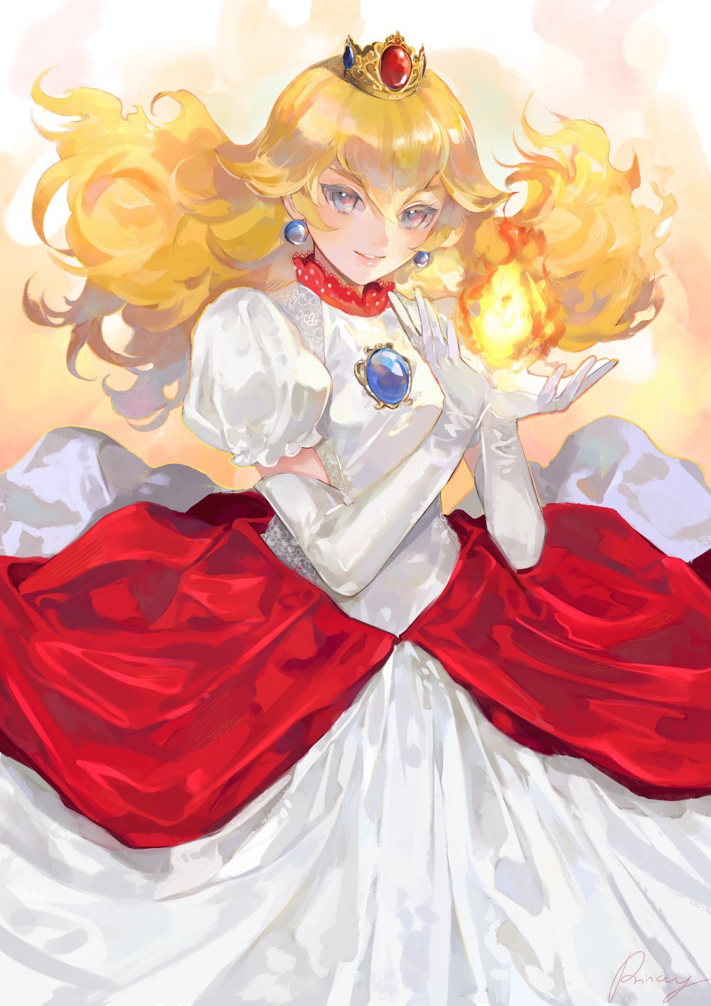 1girl aubz blonde_hair blue_eyes blush brooch choker crown dress earrings elbow_gloves fire fire_peach floating_hair frilled_sleeves frills gem gloves grin hair_between_eyes hands_up highres jewelry lace lace_trim layered_dress lips long_dress long_hair looking_at_viewer mario_(series) mini_crown nintendo parted_lips pink_lips princess_peach puffy_short_sleeves puffy_sleeves short_sleeves sidelocks smile solo sphere_earrings super_mario_3d_world teeth wavy_hair white_background white_dress white_gloves