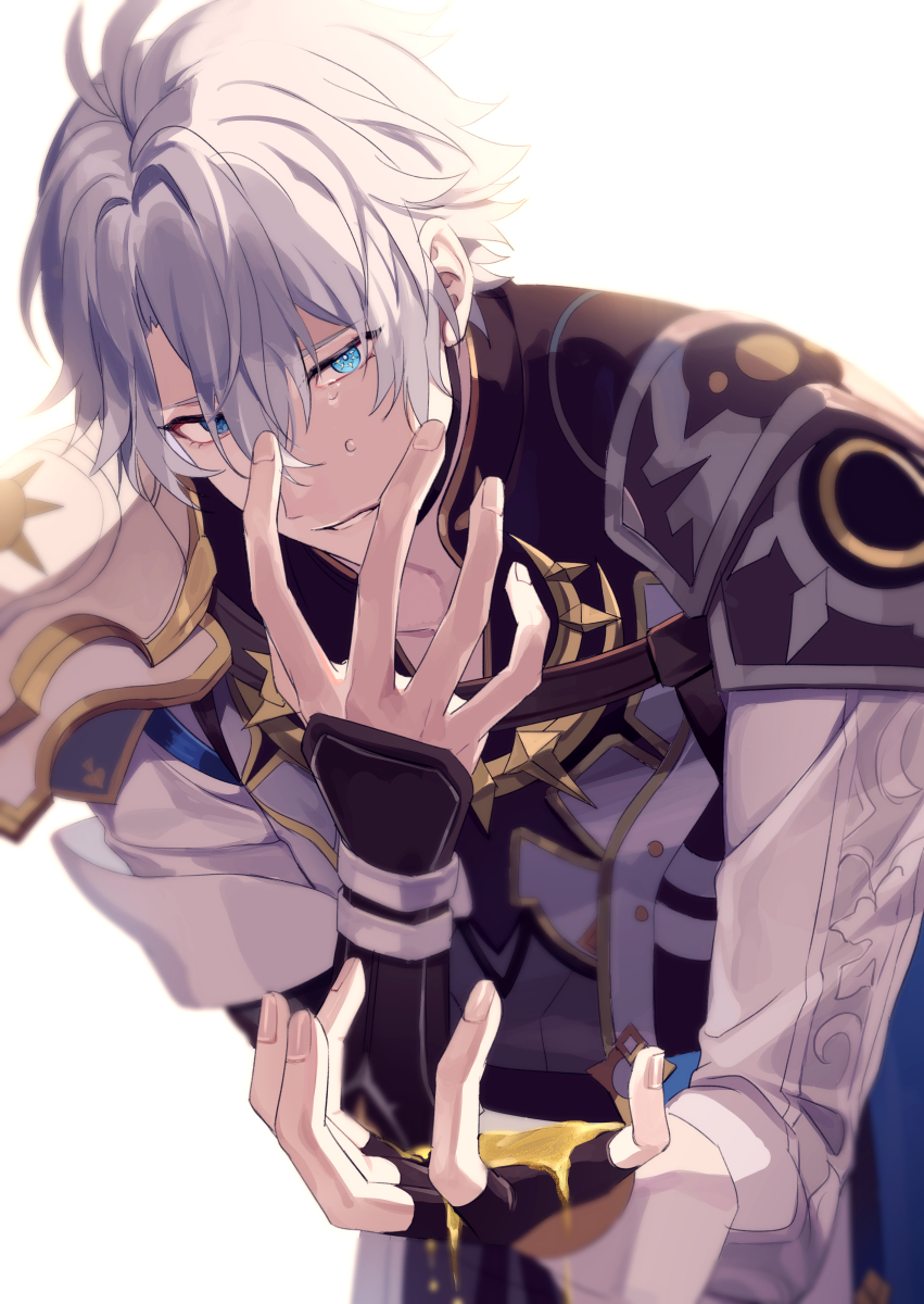 1boy antenna_hair armor black_choker black_gloves black_shirt blue_eyes choker coat crying crying_with_eyes_open fingerless_gloves gloves hashtag-only_commentary highres honkai:_star_rail honkai_(series) looking_at_viewer male_focus parted_bangs pauldrons phainon_(honkai:_star_rail) shirt short_hair shoulder_armor simple_background single_glove single_pauldron solo takoyaki_(ct_esb) tears white_background white_coat white_hair yellow_blood