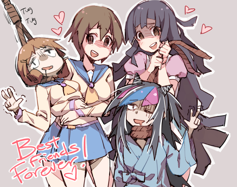 10s 4girls black_hair brown_eyes brown_hair corpse_party danganronpa_(series) danganronpa_2:_goodbye_despair ge-b hanged long_hair mioda_ibuki multicolored_hair multiple_girls nakashima_naomi noose rope school_uniform serafuku shinohara_seiko short_hair spoilers trait_connection trembling tsumiki_mikan