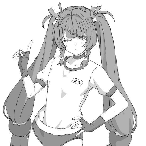 1girl aoi_suzu braid buruma fingerless_gloves gloves greyscale gym_uniform hand_on_own_hip index_finger_raised long_hair low-tied_long_hair monochrome one_eye_closed qingyi_(zenless_zone_zero) twin_braids twintails zenless_zone_zero