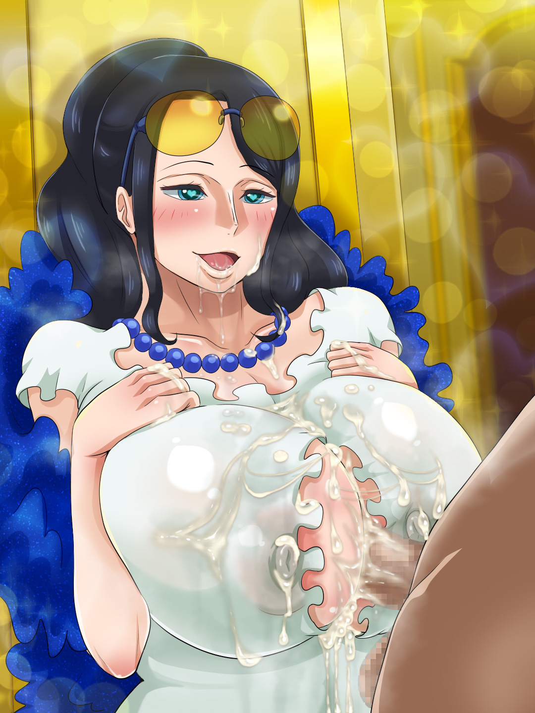 mikanberry, nico robin, one piece, one piece film: gold, highres, 1boy,  1girl, black hair, blush, breasts, bukkake, cum, heart, heart-shaped  pupils, hetero, nipples, paizuri, saliva, symbol-shaped pupils, tongue -  Image View - |