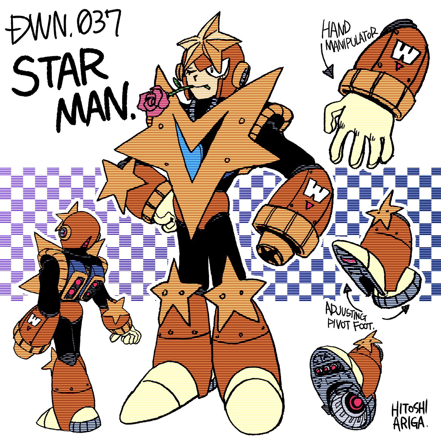 1boy android ariga_hitoshi arm_cannon armor arrow_(symbol) artist_name black_bodysuit black_eyes blue_background bodysuit boots character_name checkered_background chest_armor commentary_request concept_art english_text flower flower_in_mouth from_behind full_body gloves gradient_background hand_on_own_hip helmet highres industrial_pipe joints knee_boots looking_ahead male_focus mega_man_(classic) mega_man_(series) mega_man_5 mega_man_megamix mouth_hold multiple_views no_humans one_eye_closed orange_armor orange_boots pink_flower pink_rose purple_background reference_sheet robot robot_ears robot_joints rose scanlines screw shoe_soles simple_background smile standing star_(symbol) star_man_(mega_man) turnaround weapon white_background white_gloves