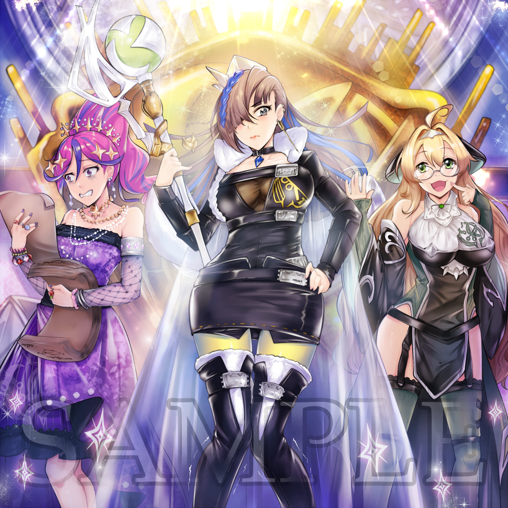 3girls ahoge bare_shoulders black_thighhighs blue_hair blush breasts brown_hair choker cleavage clenched_teeth closed_mouth collarbone dress duel_monster earrings finger_to_cheek fishnet_sleeves fishnets garter_straps genni_(yu-gi-oh!) glasses green_eyes green_thighhighs hair_between_eyes hair_ornament hair_over_one_eye hand_on_own_hip holding holding_paper holding_scepter jewelry kalian large_breasts long_hair long_sleeves looking_at_viewer medium_breasts multicolored_hair multiple_girls necklace open_mouth paper parted_lips pink_hair ponytail purple_dress purple_nails ring sample_watermark scepter smile star_(symbol) star_hair_ornament strapless strapless_dress teeth thighhighs two-tone_hair watermark witch witchcrafter_edel witchcrafter_genni witchcrafter_haine yu-gi-oh!