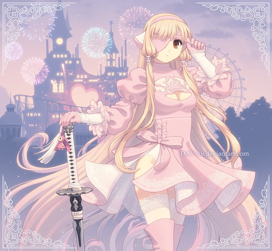 1girl android blindfold blindfold_lift blonde_hair boots breasts chii chobits cleavage cosplay crossover dav-19 dress feather-trimmed_sleeves fireworks lace lace-trimmed_legwear lace_trim long_hair nier_(series) nier:automata pink_dress solo sword thigh_boots thighhighs thighhighs_under_boots very_long_hair weapon 2b_(nier:automata) 2b_(nier:automata)_(cosplay)