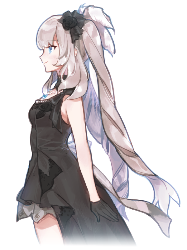 1girl black_gloves blue_eyes blush breasts closed_mouth cowboy_shot dress drill_hair fate/grand_order fate_(series) from_side gloves headpiece heroic_spirit_formal_dress long_hair marie_antoinette_(fate) marie_antoinette_(formal_dress)_(fate) official_alternate_costume silver_hair simple_background sleeveless sleeveless_dress small_breasts smile solo standing twin_drills upper_body very_long_hair yurizuka_(sergeant_heart)