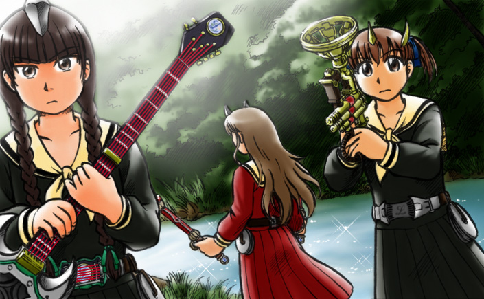 3girls belt cosplay fukuzawa_yumi guitar horns instrument kamen_rider kamen_rider_hibiki kamen_rider_hibiki_(series) kamen_rider_ibuki kamen_rider_todoroki maria-sama_ga_miteru multiple_girls music oni parody shimazu_yoshino toudou_shimako trumpet ume_(uchuu_ringo) what