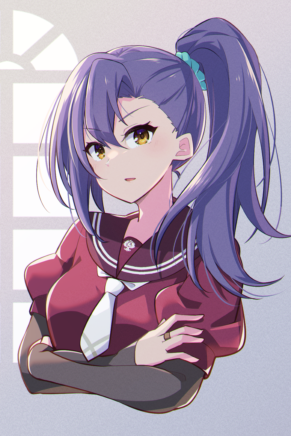 1girl aqua_scrunchie arms_under_breasts assault_lily asymmetrical_bangs breasts brown_sailor_collar cropped_torso crossed_arms gradient_background grey_background hair_between_eyes hair_ornament hair_scrunchie head_tilt high_side_ponytail highres honma_akehi jewelry kanba_girls_high_school_uniform layered_sleeves light_blush long_hair long_sleeves looking_at_viewer medium_breasts morugen necktie parted_lips puffy_short_sleeves puffy_sleeves purple_hair ring sailor_collar school_uniform scrunchie short_necktie short_sleeves side_ponytail sleeves_past_wrists solo upper_body v-shaped_eyebrows white_necktie window_shadow yellow_eyes