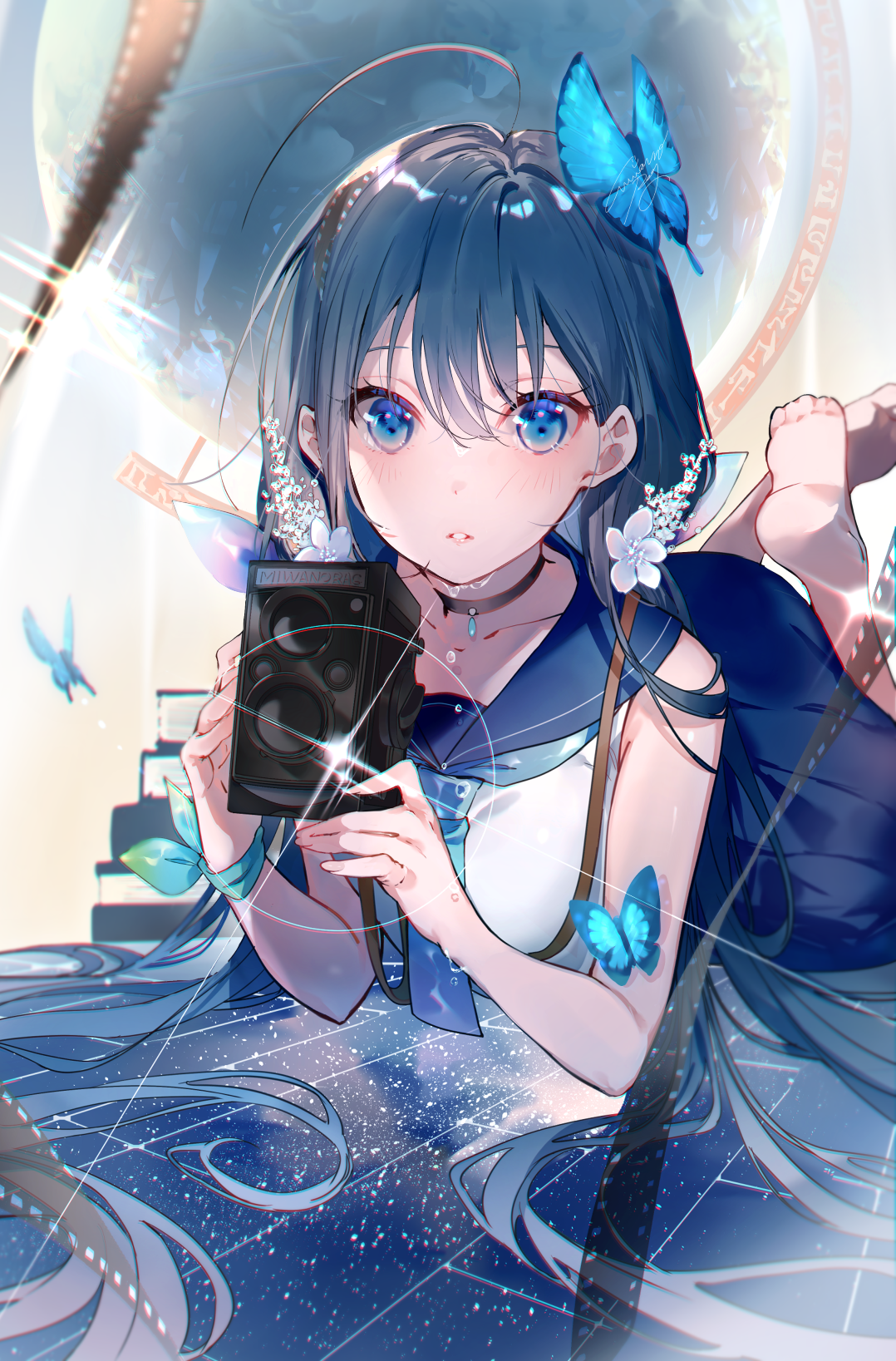 1girl ahoge animal bare_arms barefoot black_choker blue_butterfly blue_eyes blue_hair blue_neckerchief blue_skirt blush book breasts bug butterfly camera camera_around_neck choker collarbone commentary english_commentary eyebrows_hidden_by_hair feet floor flower hair_between_eyes hair_flower hair_ornament highres holding holding_camera insect legs_up long_hair looking_at_viewer lying medium_breasts miwano_rag neckerchief on_stomach original ribbon sailor_collar school_uniform serafuku signature skirt solo twin-lens_reflex_camera very_long_hair water_drop wrist_ribbon