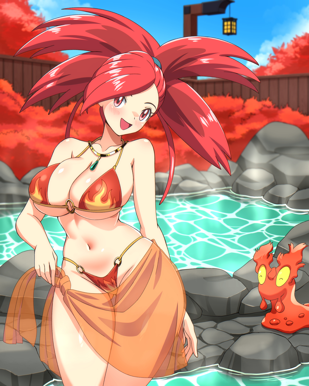 alternate_costume bikini breasts flannery_(pokemon) gen_2_pokemon highres large_breasts nintendo pokemon pokemon_(creature) pokemon_rse red_eyes red_hair slugma swimsuit zuchysdraws