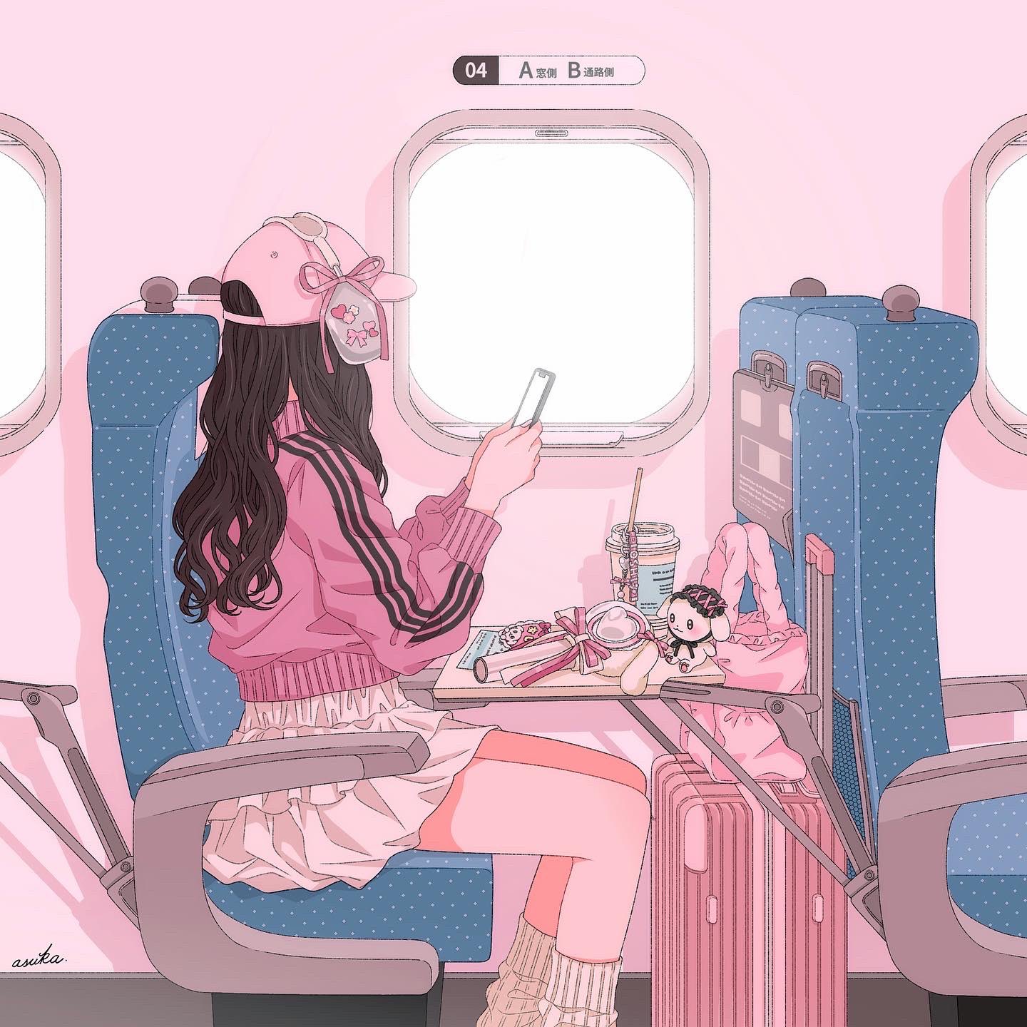 1girl airplane_interior asuka_(a20_suka002018) baseball_cap black_hair cellphone cup drinking_straw glowstick hat headphones highres holding holding_phone jacket leg_warmers long_hair original penlight_(glowstick) phone pink_hat pink_jacket pink_ribbon pink_theme ribbon rolling_suitcase sitting skirt slice_of_life smartphone solo sticker stuffed_animal stuffed_rabbit stuffed_toy suitcase track_jacket tray white_leg_warmers white_skirt window