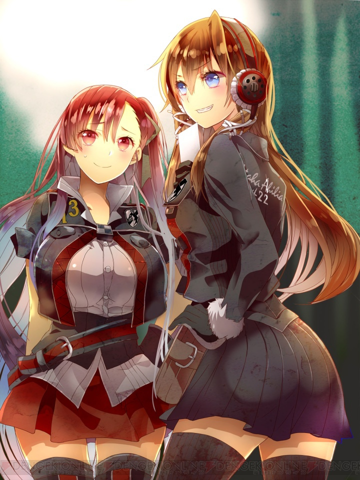 00s 10s 2girls blue_skirt brown_hair carisa_contzen corset framed_breasts grin hand_on_own_hip long_hair military military_uniform multicolored_hair multiple_girls pleated_skirt red_hair red_skirt riela_marcellis senjou_no_valkyria senjou_no_valkyria_(series) senjou_no_valkyria_3 silver_hair skirt smile thighhighs two-tone_hair watanabe_yuuna water