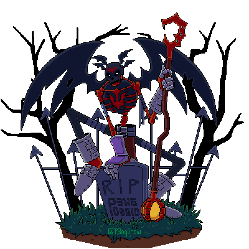 belt digimon digimon_(creature) gloves looking_at_viewer mark_of_evil skeleton skullsatamon solo wings