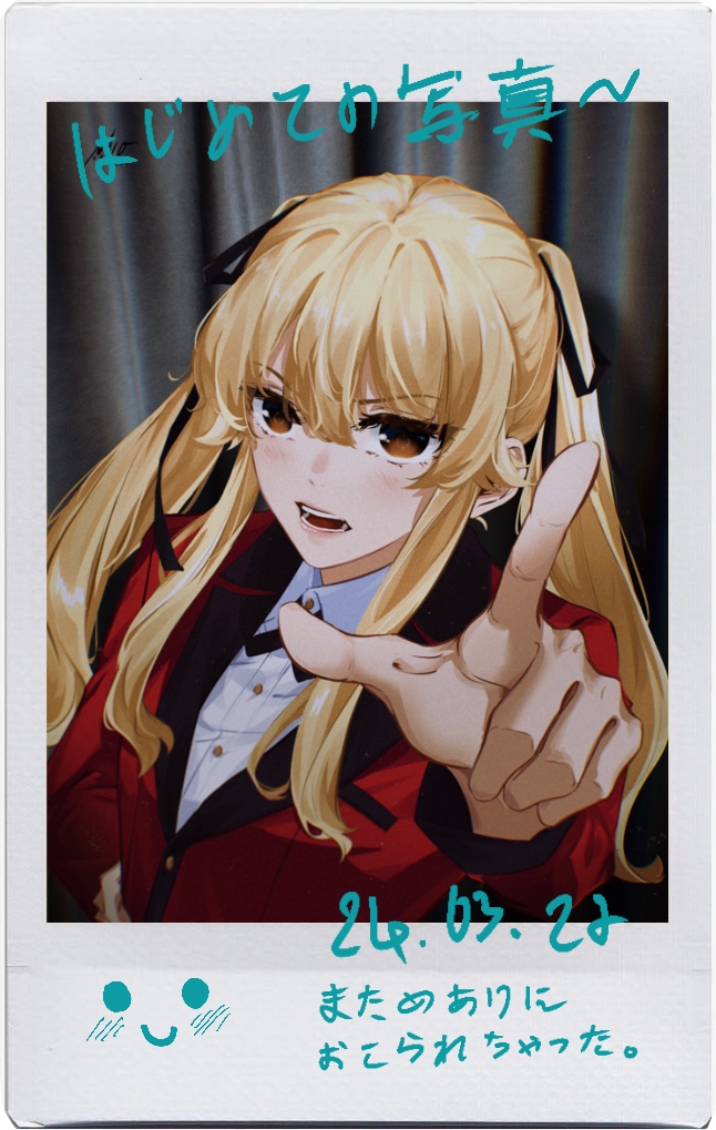 1girl angry blazer blush border camera character_signature fake_photograph formal_clothes hand_on_own_hip hyakkaou_academy_school_uniform jacket kakegurui long_hair looking_at_viewer m10cmdesu open_mouth polaroid_photo red_suit saotome_mary school_uniform selfie shirt simple_background solo suit twintails white_border