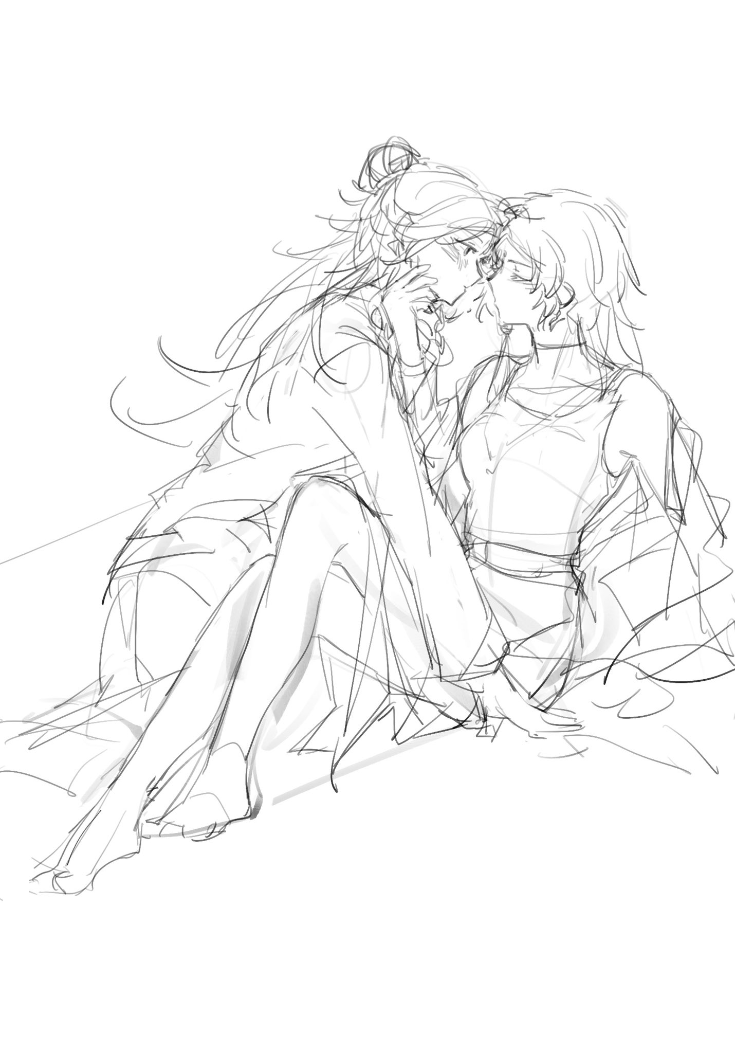 2girls blush chinese_commentary commentary_request du_ruo_(path_to_nowhere) eye_contact forehead-to-forehead greyscale hand_on_another's_face heads_together highres long_hair long_sleeves looking_at_another monochrome multiple_girls off_shoulder path_to_nowhere shirt sitting sketch sleeveless sleeveless_shirt tooong4 unfinished yao_(path_to_nowhere) yuri