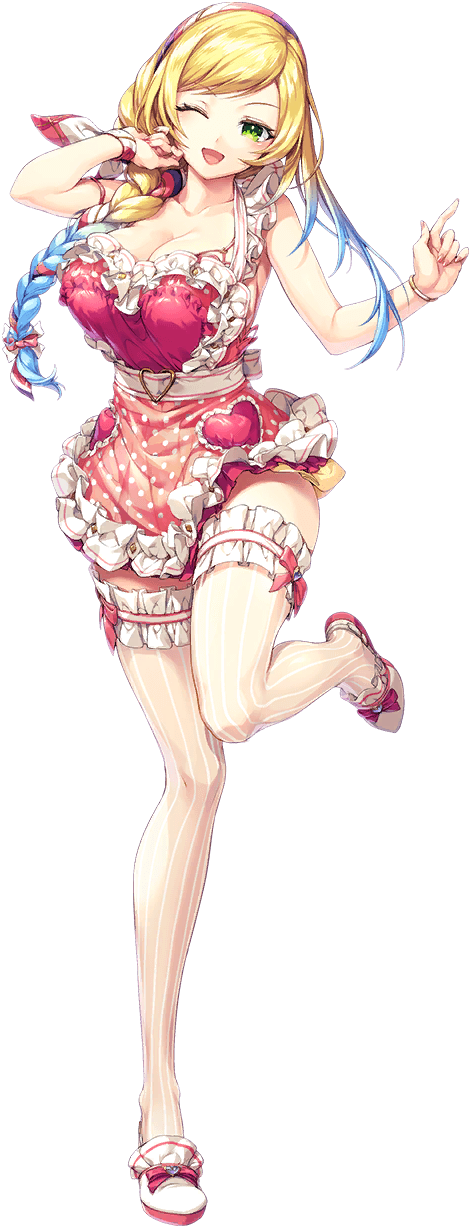 1girl apron artist_request bare_arms blonde_hair blue_hair bow breasts cleavage frills full_body furaneru_(unitia) game_cg green_eyes headband heart highres multicolored_hair nail_polish official_alternate_costume official_art one_eye_closed open_mouth pink_bow pink_nails solo source_request standing standing_on_one_leg transparent_background two-tone_hair unitia