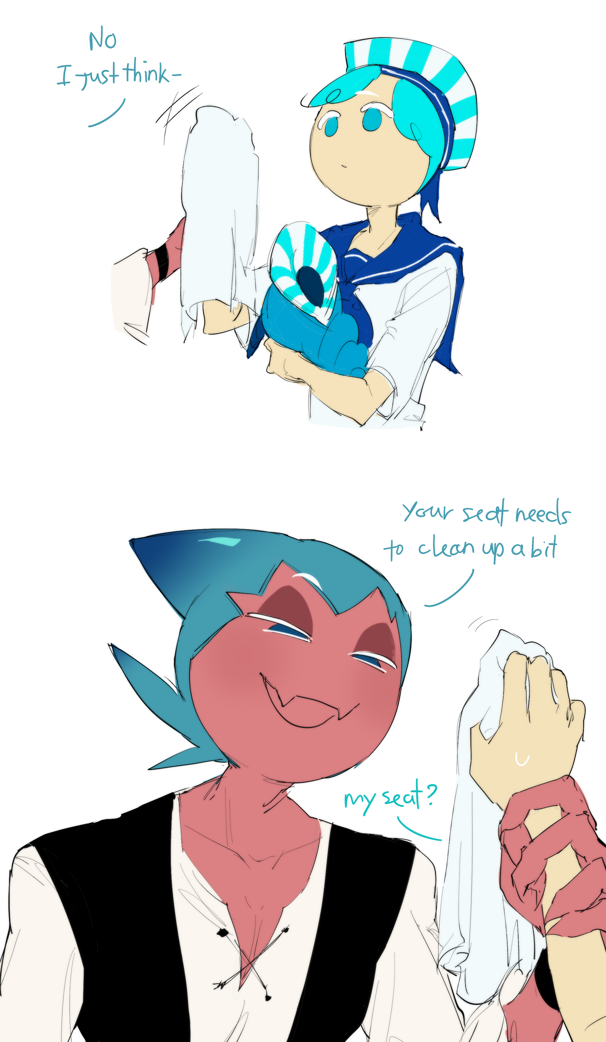 2boys absurdres aqua_eyes aqua_hair arm_up black_vest blue_eyes blue_hair blue_hat blue_sailor_collar closed_mouth colored_skin comic commentary conch_shell cookie_run english_commentary fangs fin fingernails flirting gradient_hair half-closed_eyes hat highres holding holding_another's_wrist holding_cloth holding_seashell holding_shell humanization lace-up_top long_sleeves looking_at_another male_focus multicolored_hair multiple_boys multiple_views open_mouth pale_skin peppermint_cookie personification pink_skin raised_eyebrow ribbon_hat ribbon_trim sailor_collar sailor_hat sailor_uniform seashell shark_boy shark_fin sharp_fingernails shell shirt short_hair short_sleeves skin_fangs smile smirk smug sorbet_shark_cookie striped_clothes striped_ha sweat sweatdrop talking two-tone_hair two-tone_hat upper_body vest white_background white_hat white_shirt white_stripe yaoi
