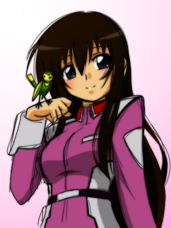 1girl aiueo8371 black_eyes breasts brown_hair clenched_hand genderswap genderswap_(mtf) gundam gundam_seed jacket kira_yamato long_hair looking_at_viewer medium_breasts purple_jacket robot smile solo torii_(gundam)