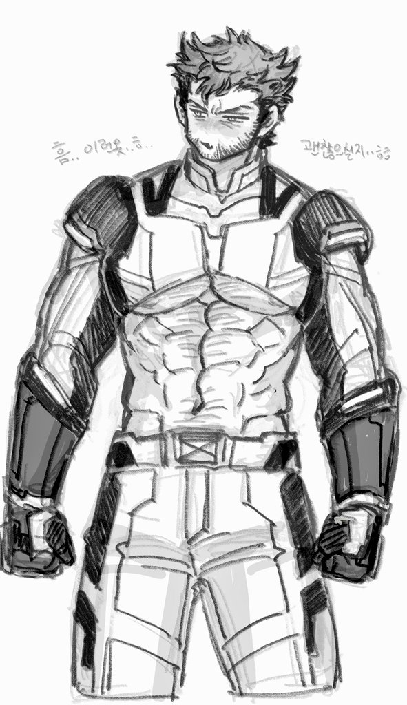 1boy abs adapted_costume bara beard belt bodysuit chest_hair clenched_hands deadpool_&amp;_wolverine deadpool_(series) dishing facial_hair gloves hairy looking_to_the_side male_focus marvel marvel_cinematic_universe mature_male monochrome muscular muscular_male navel open_mouth pectorals short_hair simple_background solo superhero_costume translation_request underpec wolverine_(x-men) x-men