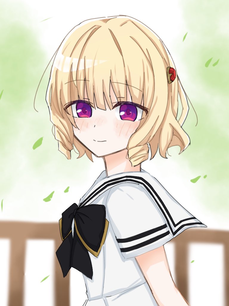 1girl arm_at_side assault_lily black_bow black_bowtie blonde_hair blurry blurry_background blush bow bowtie closed_mouth commentary day drill_hair drill_sidelocks falling_leaves from_side gem gem_hair_ornament imamura_yukari_(assault_lily) leaf looking_at_viewer looking_to_the_side official_alternate_costume outdoors purple_eyes railing red_gemstone sailor_collar sana_(hs_yp1) school_uniform serafuku shirt short_hair short_sleeves sidelocks smile solo upper_body white_sailor_collar white_shirt