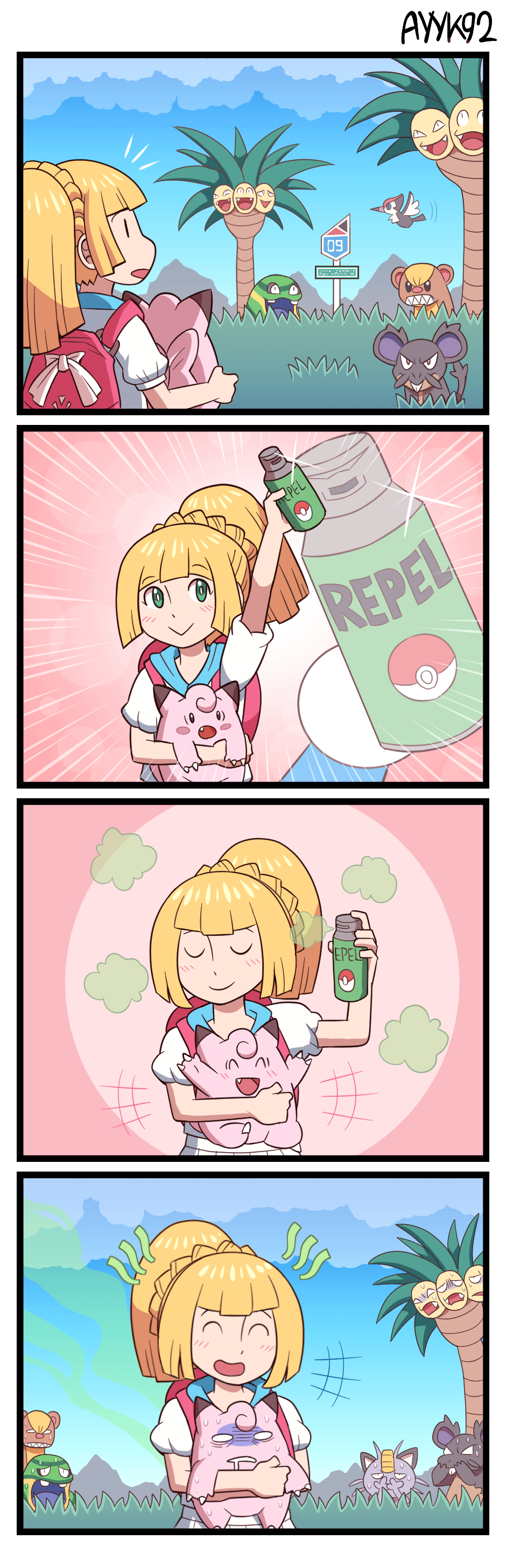 +++ 1girl 4koma ^_^ absurdres alolan_exeggutor alolan_form alolan_meowth alolan_muk alolan_rattata arm_up ayyk92 blank_eyes blonde_hair carrying closed_eyes comic commentary day drooling english_commentary gameplay_mechanics gen_7_pokemon gloom_(expression) high_ponytail highres holding lillie_(pokemon) long_hair looking_at_another mouth_drool nervous_sweating nintendo outdoors pokemon pokemon_sm ponytail silent_comic smile spray_can sweat turn_pale