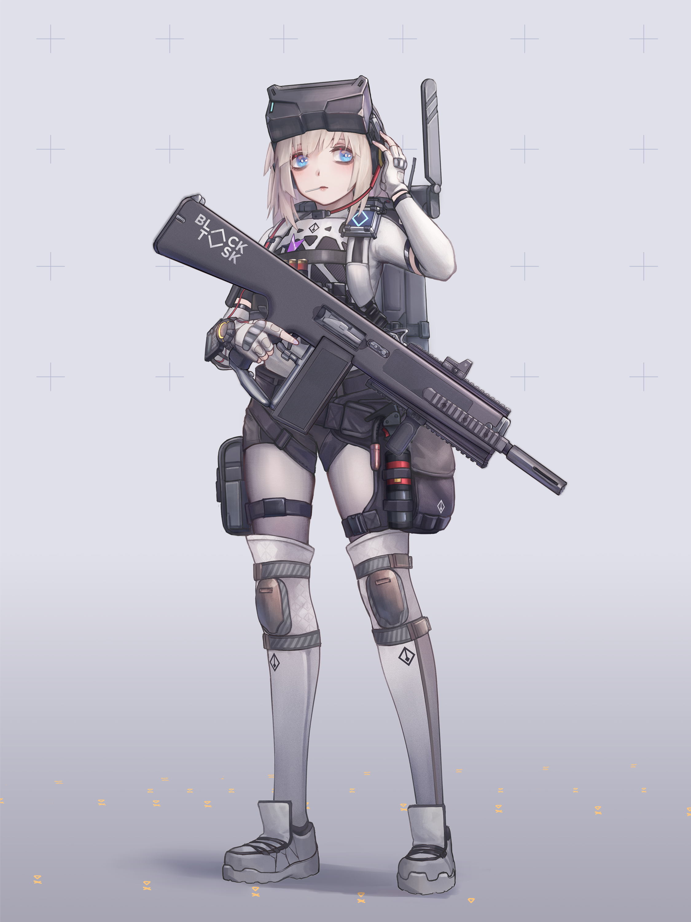 1girl aa-12 aa-12_(girls&#039;_frontline) absurdres alternate_costume ammunition automatic_shotgun blue_eyes bodysuit combat_shotgun extended_magazine girls&#039;_frontline grey_hair grey_shoes gun high-capacity_magazine highres shoes short_hair shotgun shotgun_shell solo weapon xyufsky