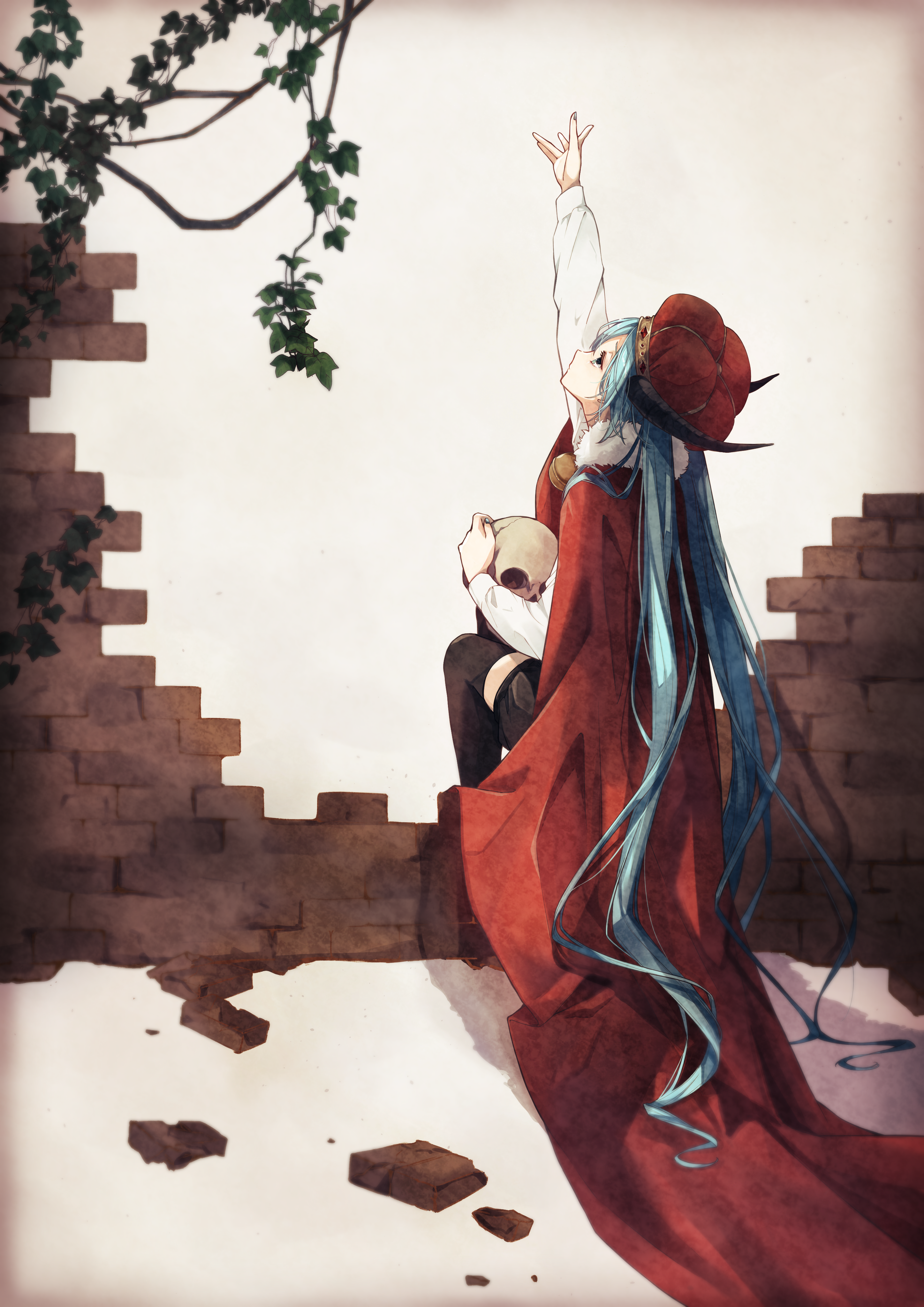 1girl absurdres arm_up bell blue_eyes blue_hair branch brick brick_wall cape crown from_behind fur-trimmed_cape fur_trim hatsune_miku highres holding holding_skull horns long_hair long_sleeves nagitofuu neck_bell reaching sitting skull solo the_beast_(vocaloid) thighhighs twintails very_long_hair vocaloid