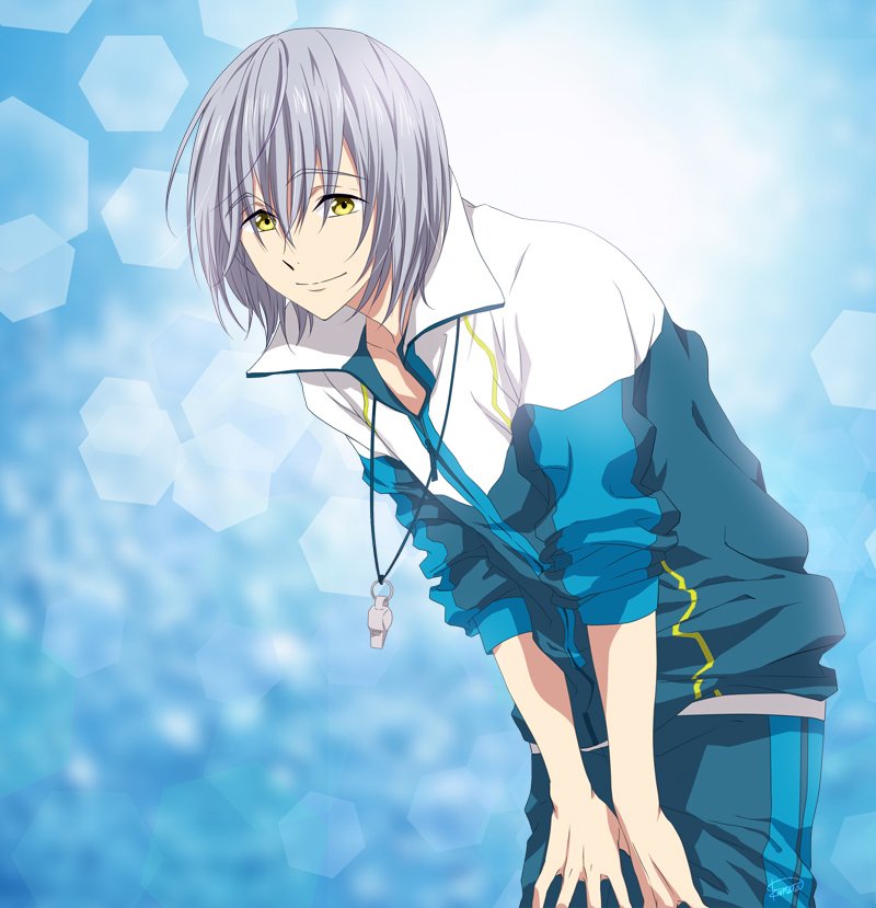 1boy green_eyes high_speed! looking_at_viewer male_focus purple_hair serizawa_nao short_hair smile solo standing whistle