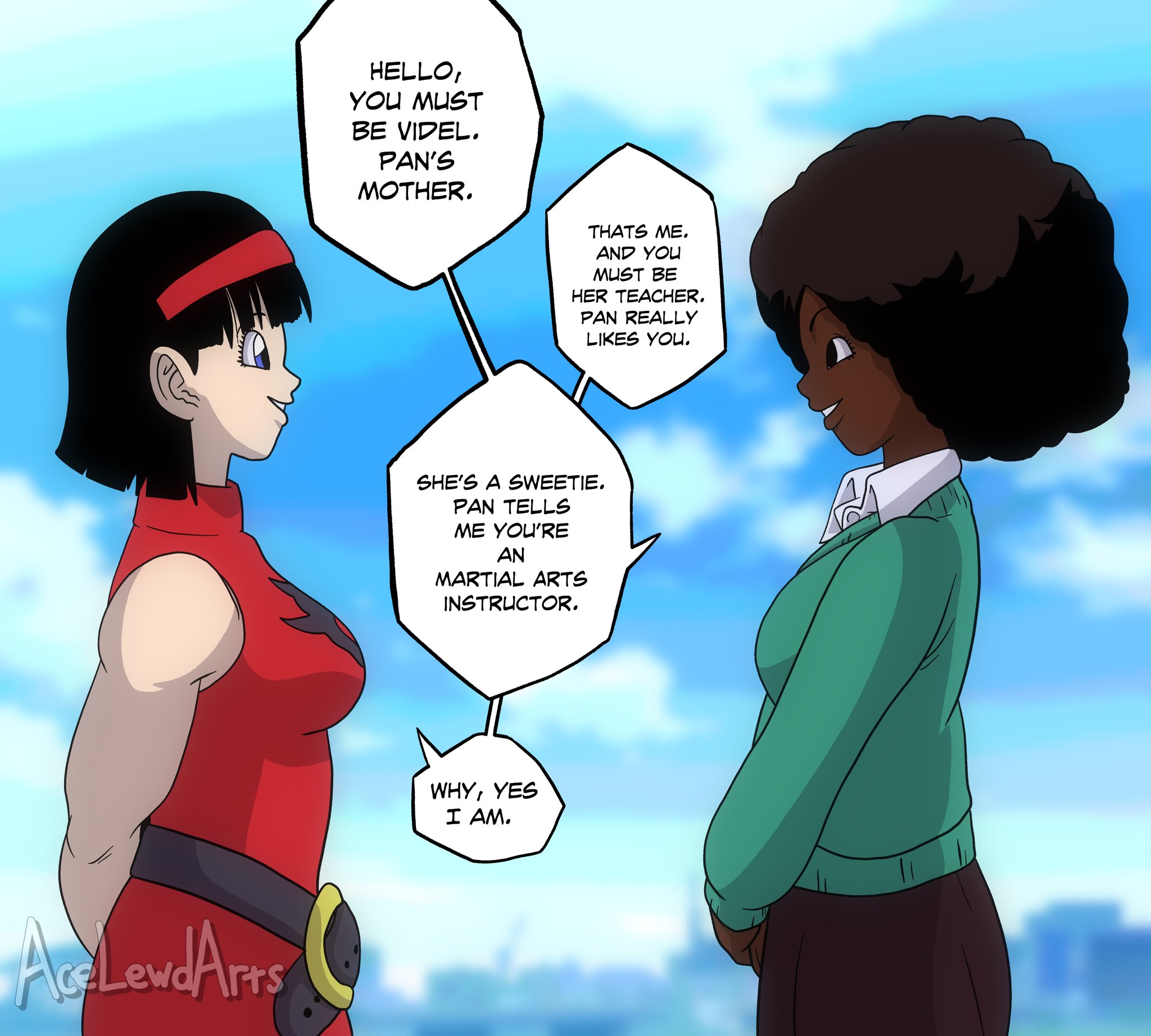 2girls acelewdarts afro belt blue_eyes dark-skinned_female dark_skin dragon_ball dragonball_z dress english_text hairband janet_(dragon_ball) multiple_girls skirt speech_bubble sweater videl