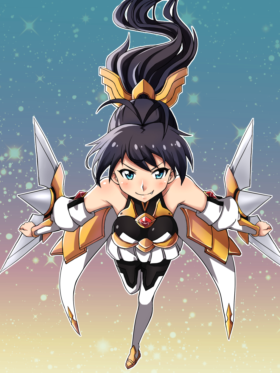 &gt;:) 1girl antenna_hair bare_shoulders black_hair blazblue blush boots breasts clenched_hands closed_mouth collarbone cosplay fang fang_out female_focus ganaha_hibiki highres idolmaster idolmaster_(classic) izayoi_(blazblue) izayoi_(blazblue)_(cosplay) leaning_forward leg_up long_hair medium_breasts naginoya name_connection outline outstretched_arms pleated_skirt ponytail skirt smile solo sparkle thigh_boots thighhighs v-shaped_eyebrows very_long_hair white_skirt white_thighhighs
