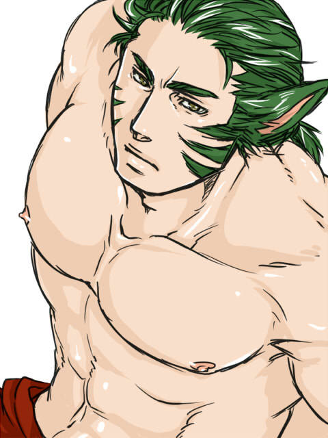1boy abs animal_ears bara commentary_request fire_emblem fire_emblem:_path_of_radiance fire_emblem:_radiant_dawn from_above green_hair laguz_(fire_emblem) large_pectorals male_focus muarim_(fire_emblem) muscular muscular_male nintendo nipples pectorals solo tiger_boy tiger_ears topless_male upper_body wakko_(pixiv_1939077) white_background