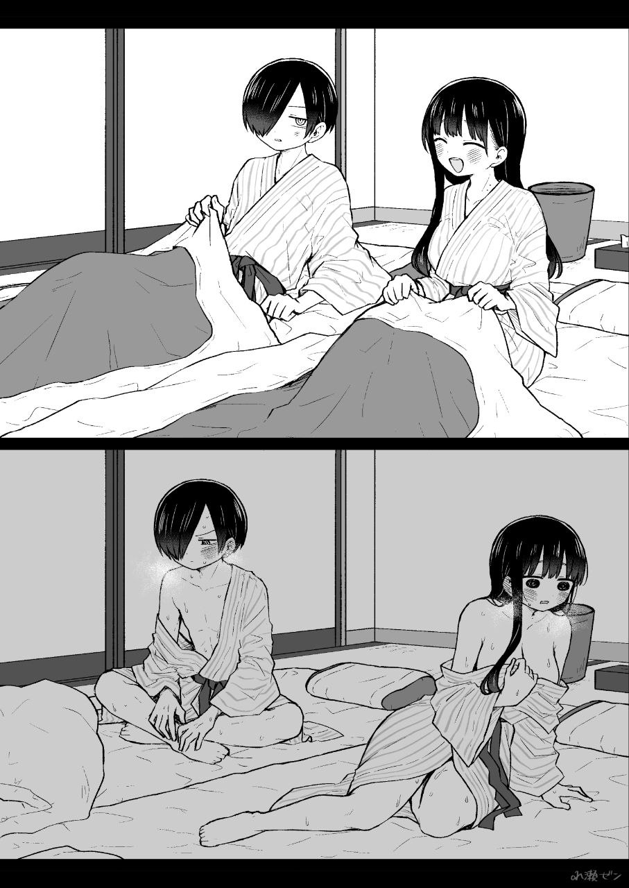 aftersex blush boku_no_kokoro_no_yabai_yatsu futon highres ichikawa_kyoutarou inn japanese_clothes kimono monochrome sweat yamada_anna zeroasann