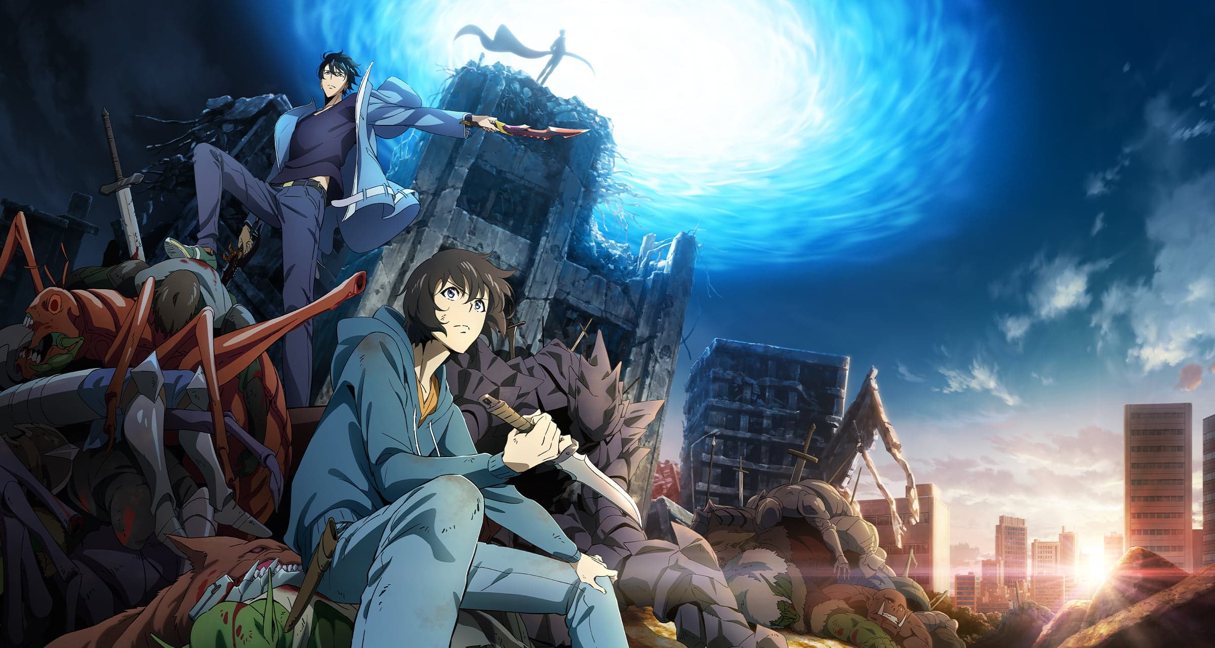 armor armored_boots black_hair blood blue_eyes blue_sky boots building closed_mouth cloud corpse dagger dead_animal destruction full_armor highres hood hoodie jacket knife long_sleeves male_focus multiple_persona official_art outdoors oversized_insect pants rubble scenery shirt shoes short_hair sitting sky solo_leveling sun sung_jin-woo sunrise sword weapon wormhole