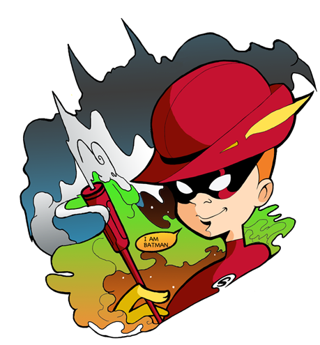1boy arrow_(projectile) bad_id dc_comics domino_mask feathers gas green_arrow_(series) hat lies lowres male_focus mask orange_hair roy_harper simple_background solo speech_bubble speedy white_background