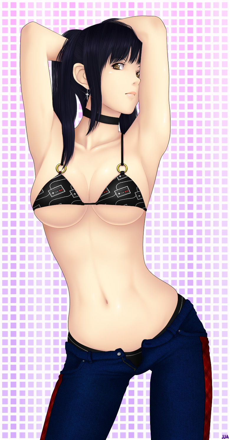 1girl armpits bikini bikini_top_only black_hair black_panties breasts checkered_background choker contrapposto cross cross_earrings earrings female_focus hands_in_own_hair highres jewelry khalitzburg_(user_2274420) large_breasts lips long_hair lowleg lowleg_pants narrow_waist navel nose open_fly original panties pants sideboob solo standing swimsuit underboob underwear unzipped yellow_eyes