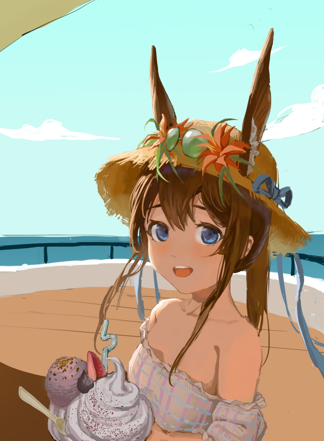 1girl :d amiya_(arknights) amiya_(swimsuit)_(arknights) animal_ears arknights bikini blue_eyes blush brown_hair chinese_commentary commentary_request day ears_through_headwear food grey_bikini hat highres looking_at_viewer medium_hair open_mouth outdoors ponytail ship_deck smile solo straw_hat swimsuit upper_body xiangyoumenggu yellow_hat