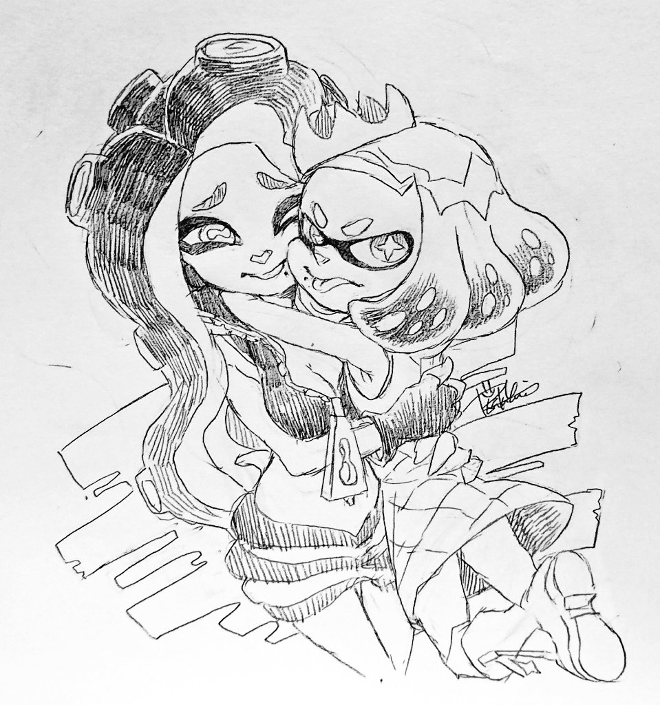 2girls arms_around_neck breasts crop_top crown dress fingerless_gloves gloves inkling isamu-ki_(yuuki) long_hair marina_(off_the_hook_outfit)_(splatoon) marina_(splatoon) mole mole_under_mouth multiple_girls nintendo octoling pearl_(off_the_hook_outfit)_(splatoon) pearl_(splatoon) short_eyebrows splatoon_(series) splatoon_2 suction_cups tentacle_hair thick_eyebrows tongue tongue_out traditional_media zipper_pull_tab