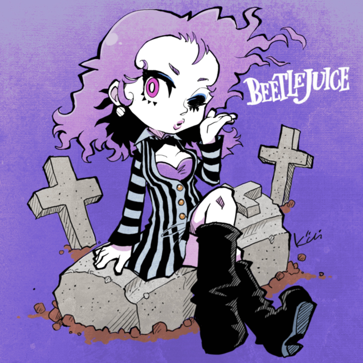 1girl beetlejuice blowing_kiss boots bra breasts cleavage crossed_legs grave graveyard kiichi legs looking_at_viewer medium_breasts one_eye_closed pink_eyes puckered_lips purple_hair sitting solo strapless strapless_bra thighs underwear wink