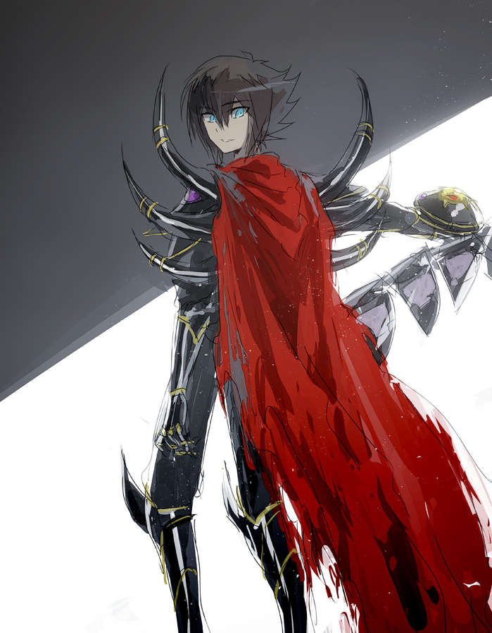 1boy armor armored_bodysuit armored_boots armored_gloves armored_legwear armored_shoes black_armor boots brown_hair cape collar duel_disk facing_away green_eyes in_shadow light_rays light_smile looking_at_viewer male_focus moribuden outstretched_arm red_cape spiked_collar spikes supreme_king_(yu-gi-oh!_gx) yu-gi-oh! yu-gi-oh!_gx yuki_judai
