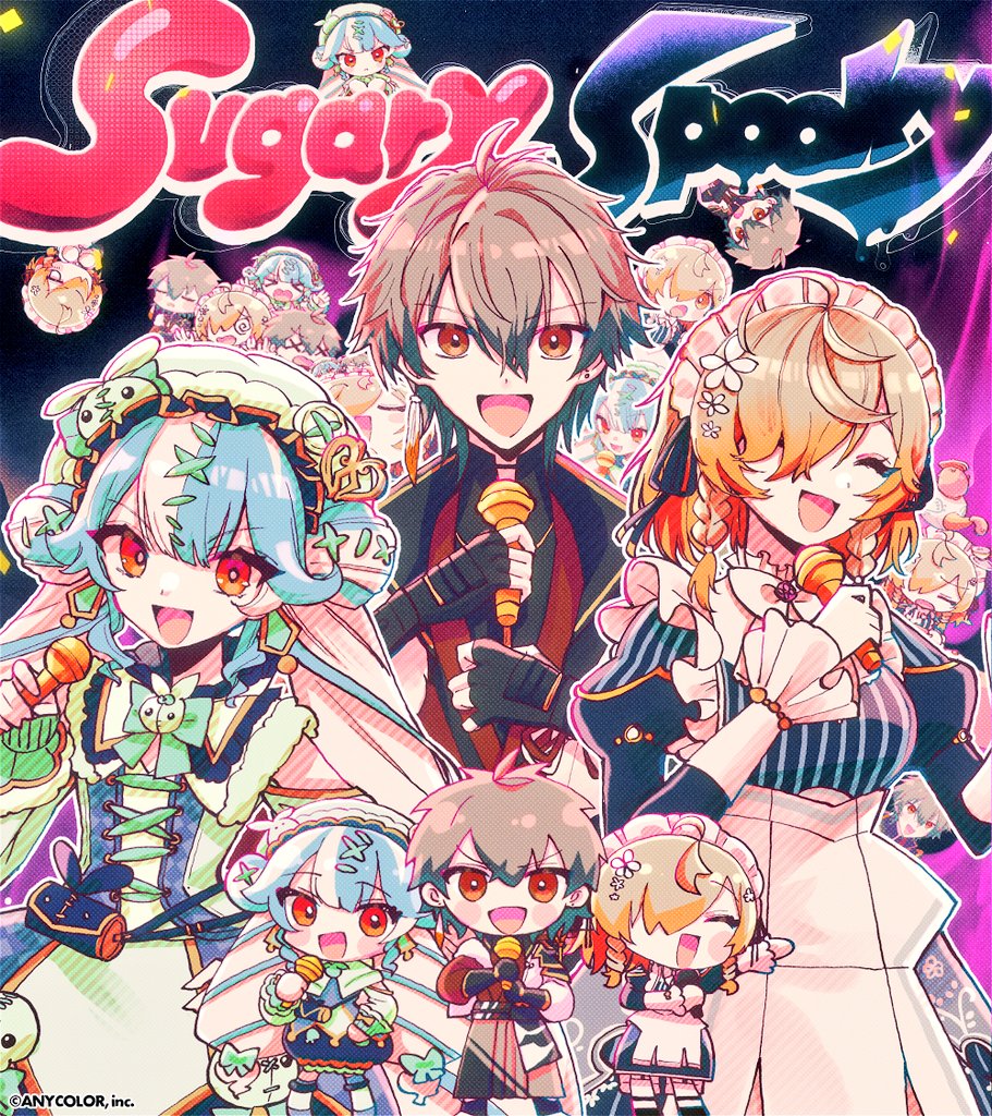 1boy 2girls :d blue_hair breasts brown_hair chibi closed_eyes copyright_notice denauth earrings english_text hair_between_eyes holding holding_microphone jewelry klara_charmwood long_hair looking_at_viewer medium_breasts medium_hair microphone mixed-language_commentary multicolored_hair multiple_girls nijisanji nijisanji_en official_art open_mouth orange_eyes people_hitobito ryoma_barrenwort short_hair single_earring smile streaked_hair triple_ahoge twisty_amanozako very_long_hair virtual_youtuber white_hair