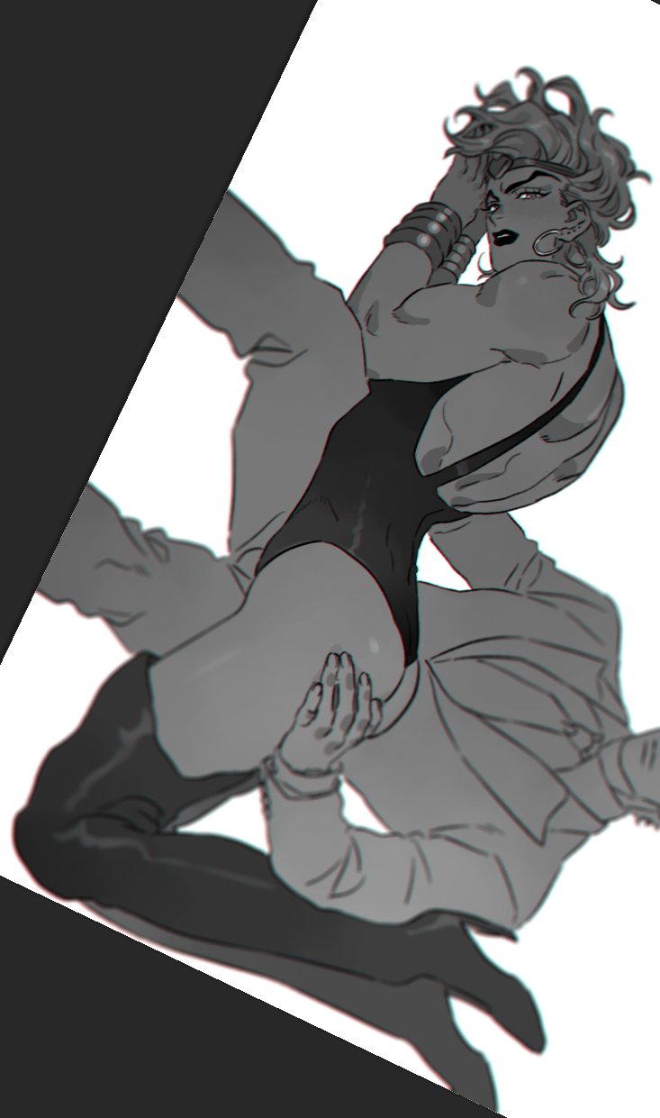 2boys ass ass_grab back boots bracelet dio_brando earrings formal_clothes hands_on_own_head headband highres honlo hoop_earrings jacket jewelry jojo_no_kimyou_na_bouken jonathan_joestar leotard lips lipstick long_hair long_sleeves looking_away lying makeup male_focus multiple_boys muscular muscular_male on_stomach pants parted_lips short_hair sitting stardust_crusaders thigh_boots yaoi