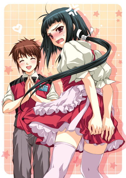 &gt;:d 00s 1boy 1girl :d ^_^ anger_vein angry antenna_hair apron blush brown_hair checkered_background closed_eyes covering_privates covering_ass embarrassed frills full-face_blush gradient_background green_hair happy legs_apart long_hair low_ponytail my-hime okuzaki_akira open_mouth own_hands_together ponytail puffy_short_sleeves puffy_sleeves sato-pon shadow short_hair short_sleeves smile star_(symbol) thighhighs tokiha_takumi v-shaped_eyebrows very_long_hair vest waist_apron waitress white_thighhighs zettai_ryouiki
