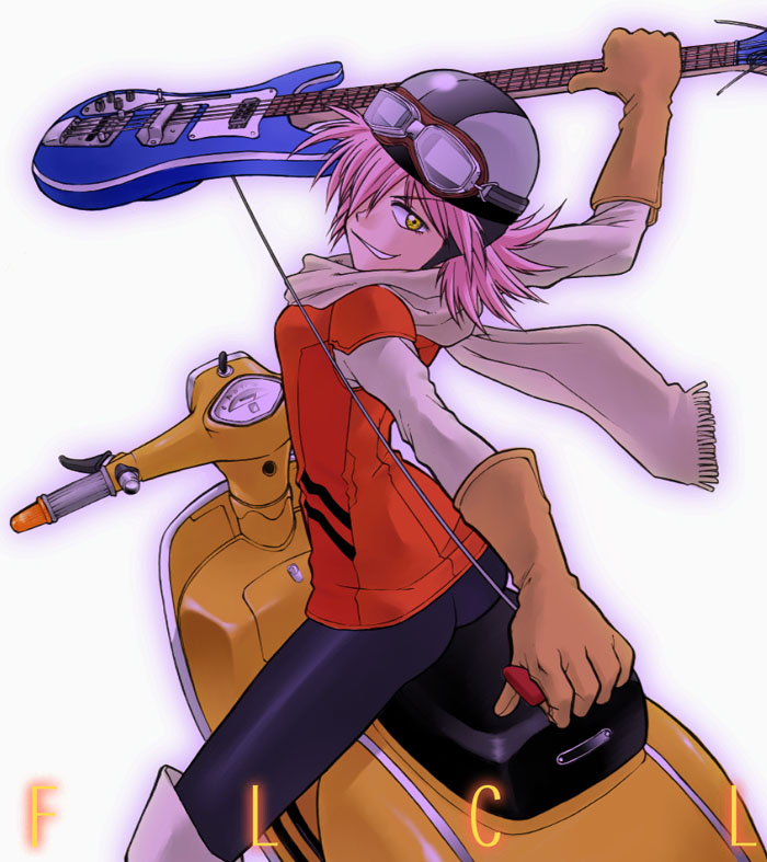 1girl arm_behind_back bad_id bass_guitar black_helmet black_leggings black_pants bob_cut boots breasts brown_gloves brown_scarf commentary copyright_name feet_out_of_frame flcl floating_scarf from_behind gloves goggles goggles_on_headwear grey_helmet hair_over_one_eye haruhara_haruko helmet holding holding_bass_guitar holding_instrument instrument kikumaru_bunta knee_boots layered_shirt leggings long_sleeves looking_at_viewer looking_back motor_vehicle motorcycle_helmet on_scooter orange_shirt outstretched_arms pants parted_lips pink_hair pull_cord rickenbacker rickenbacker_4001 scarf scooter shirt short_hair short_sleeves simple_background sitting small_breasts smile smirk solo straddling two-tone_helmet v-shaped_eyebrows vespa white_background white_boots white_shirt work_gloves yellow_eyes