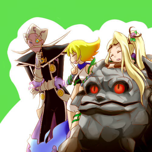 1boy 2girls arlon_(kid_icarus) cragalanche dress facial_hair fluora kid_icarus kid_icarus_uprising lowres monocle monster multiple_girls mustache nintendo no_humans phosphora red_eyes scar simple_background viridi white_hair