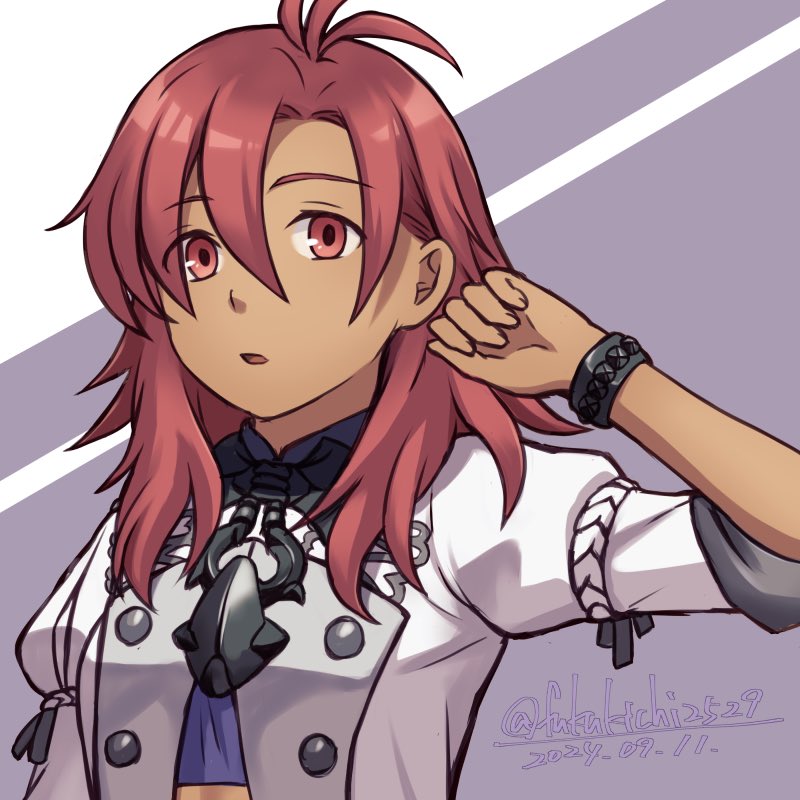 1girl crop_top dark-skinned_female dark_skin fire_emblem fire_emblem:_three_houses fukukichi2529 garreg_mach_monastery_uniform hapi_(fire_emblem) jacket nintendo red_eyes red_hair solo triple_ahoge white_jacket