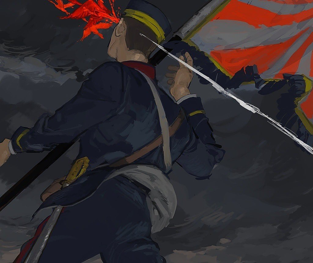 1boy alternate_body_fluid bird blood blood_spray blue_jacket blue_pants brown_hair buzz_cut cowboy_shot crane_(animal) day death dropping facing_away flag from_behind golden_kamuy hanazawa_yusaku hat headshot jacket kepi long_sleeves male_focus military_hat military_uniform murder overcast pants projectile_trail rising_sun_flag saber_(weapon) sheath sheathed short_hair shoulder_strap sky solo standard_bearer standing sunburst sword symbolism tkrkve43 very_short_hair weapon