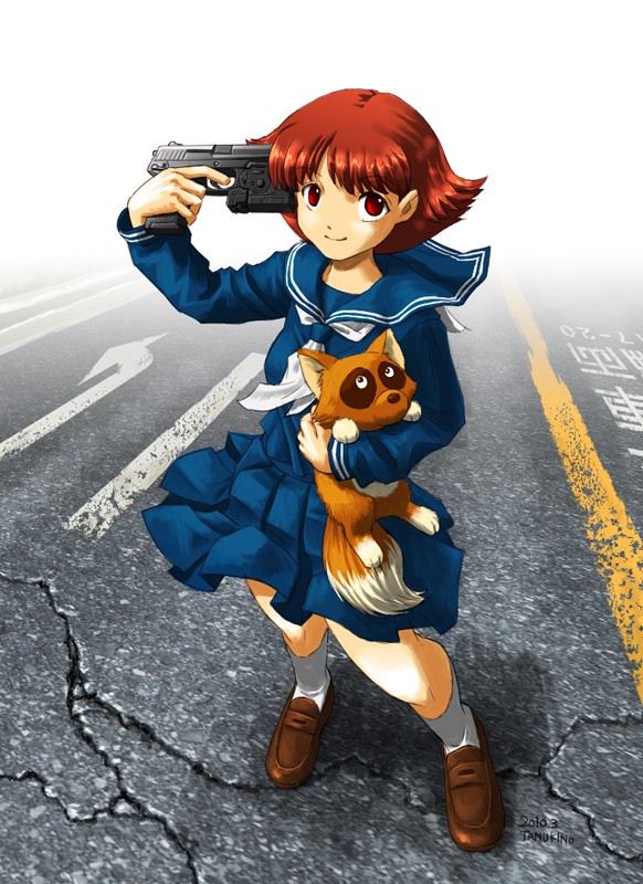 1girl an/peq-6 brown_eyes brown_hair coffeekan crosswalk dog esper_mami female_focus flashlight gun h&amp;k_mark_23 handgun heckler_&amp;_koch insight_technology konpoco laser_aiming_module laser_pointer laser_sight looking_at_viewer match_grade match_grade_firearm match_grade_pistol offensive_handgun pistol road sakura_mami school_uniform shirt shoes short_hair skirt smile socks solo street tactical_light teleportation_gun weapon