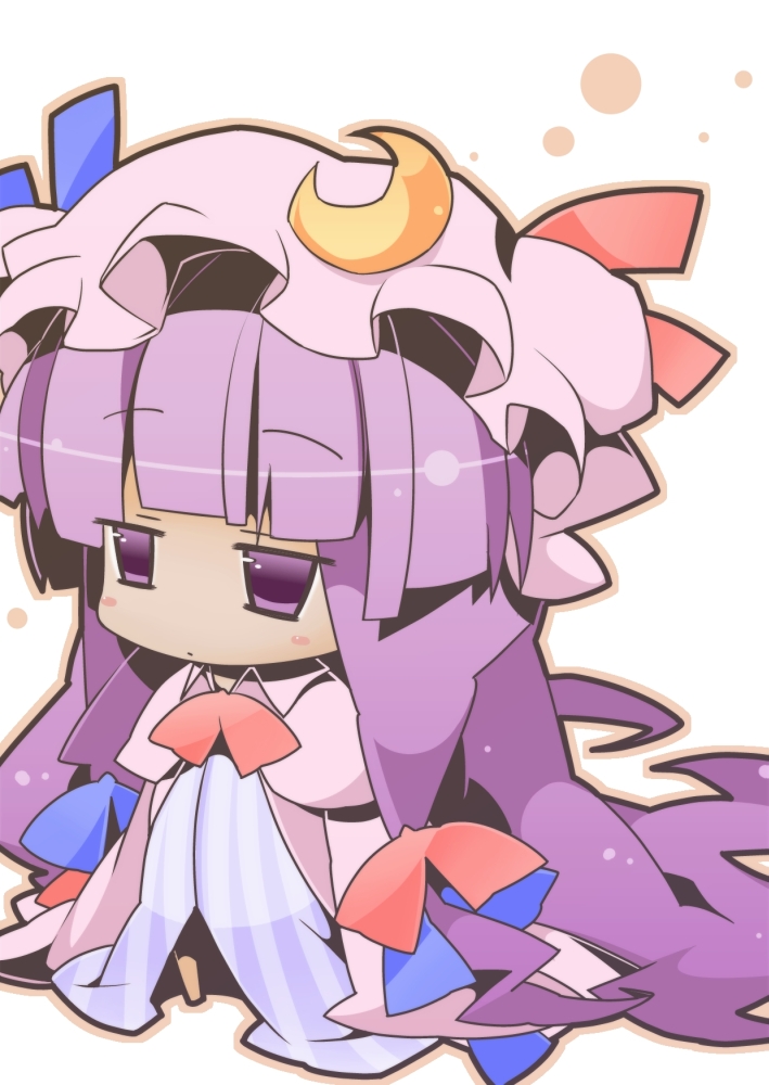 1girl chibi crescent dress female_focus hat long_hair nyuusankin outline patchouli_knowledge purple_eyes purple_hair solo standing striped touhou