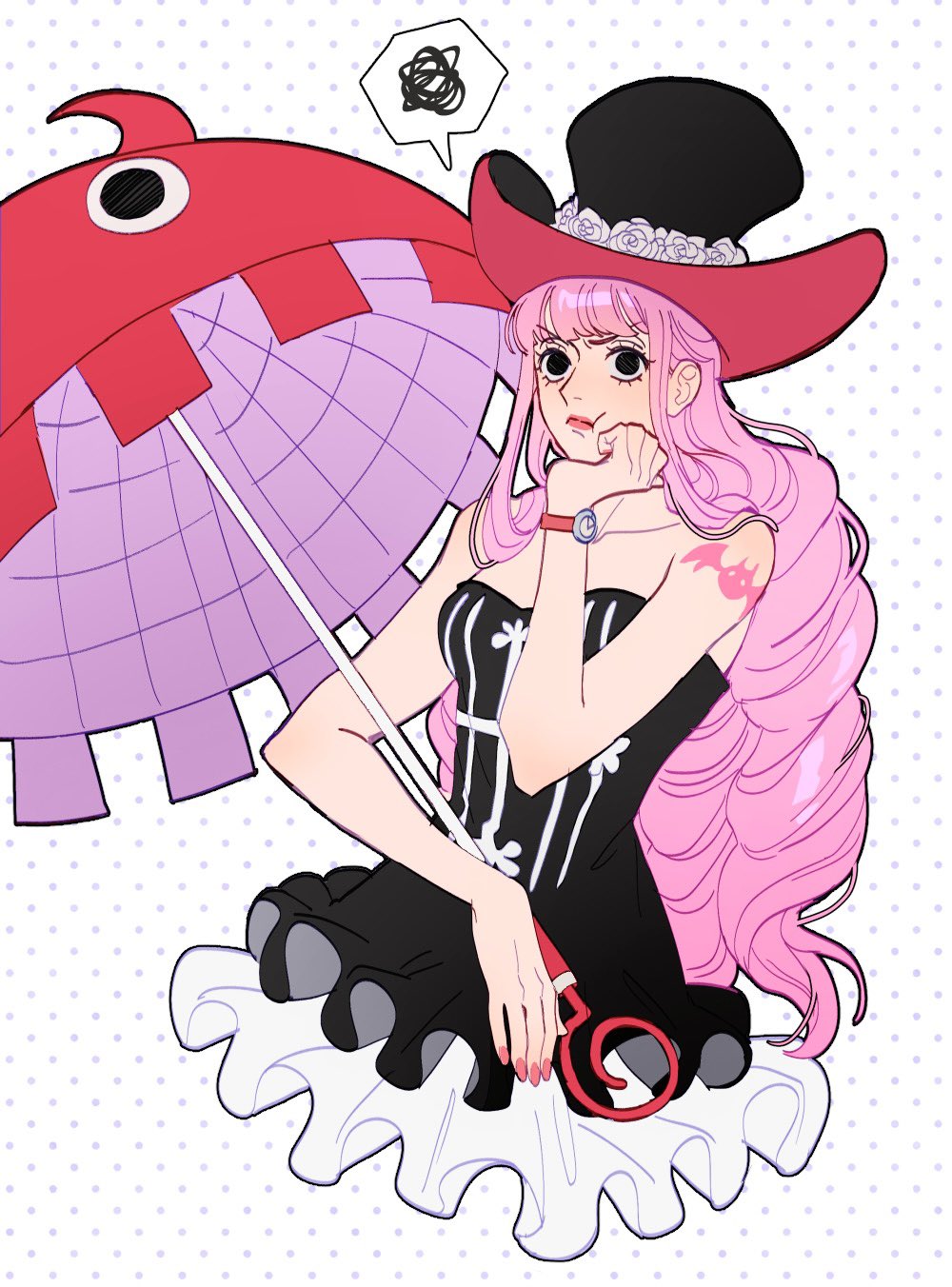 1girl arm_tattoo black_dress black_eyes blunt_bangs commentary dress drill_hair frilled_dress frills hat highres holding holding_umbrella long_hair one_piece perona pink_hair pink_nails seirorath sidelocks simple_background solo squiggle strapless strapless_dress tattoo top_hat umbrella watch white_background white_dress wristwatch