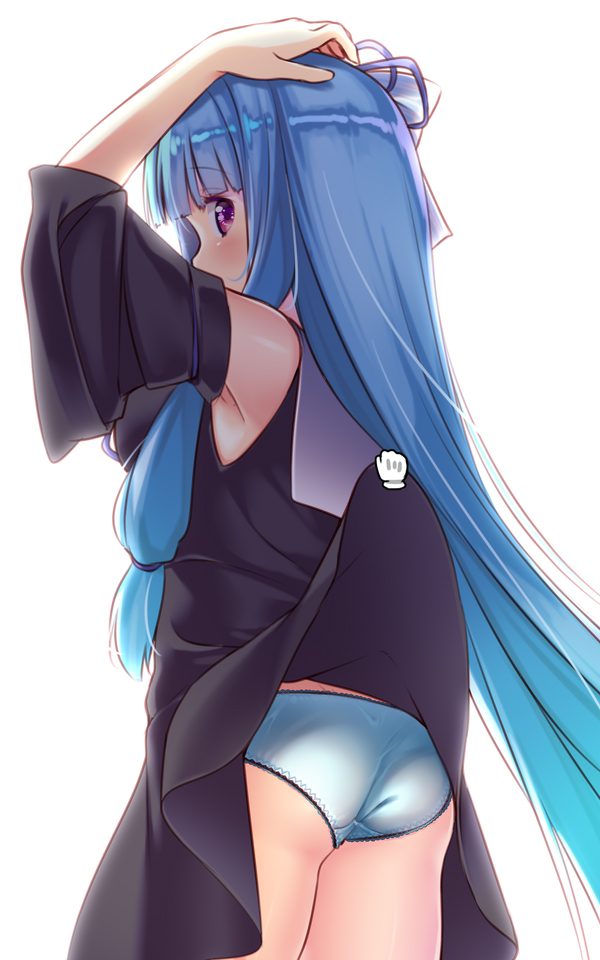 1girl armpits arms_up ass black_dress black_sleeves blue_hair blue_panties clothes_lift cursor detached_sleeves dress dress_lift female_focus from_behind hand_cursor hands_on_own_head kotonoha_aoi lifting_another&#039;s_clothes long_hair looking_back panties pink_eyes ribbon simple_background solo thighs underwear usume_shirou very_long_hair voiceroid white_background